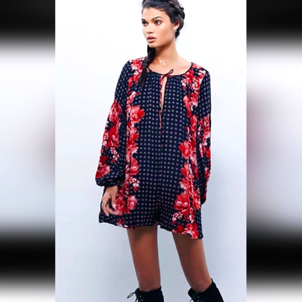 FREE PEOPLE PRE-OWNED Sunset Blvd Floral Long Sleeve Peasant Dress Over Sized